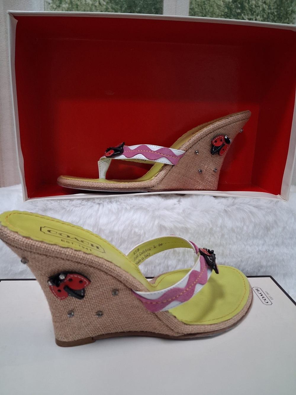 ​Vintage Coach P599 Ladybug Rhinestone Wedge Sandals NIB Size 8.5 Y2K 🐞